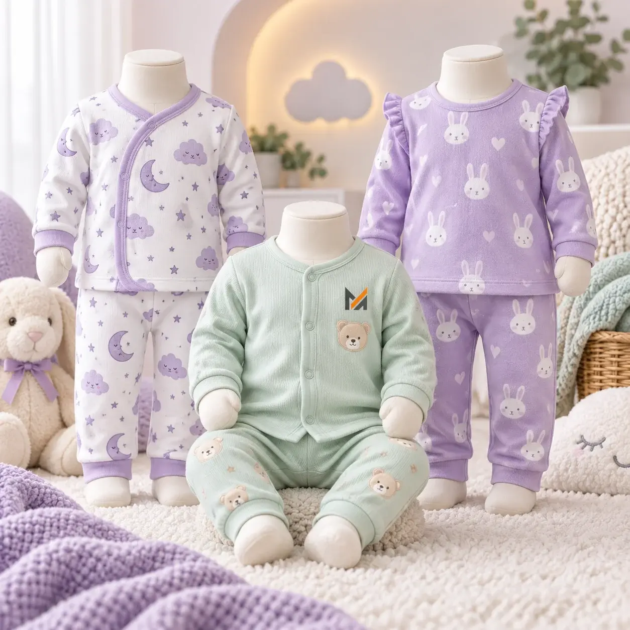Baby pajamas and sleepwear sets displayed on soft mannequins in lavender, white, and mint green, featuring moon, cloud, bunny, and teddy bear prints with a visible Mega Apparel logo.